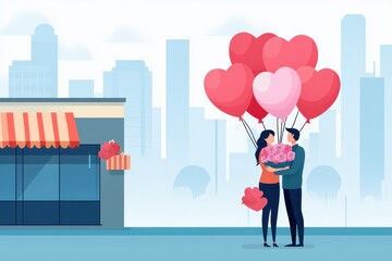 Obraz premium Romantic Couple Embracing with Heart-Shaped Balloons and Flowers in City Background for Valentine's Day Celebration