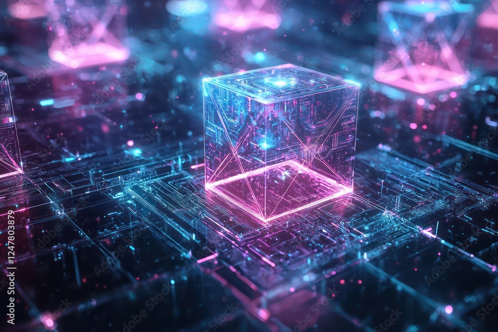Poster holographic visualization of layer-2 sharding innovations at a blockchain scaling research hub.