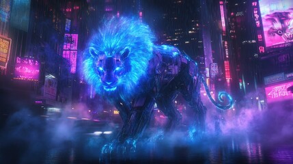 Futuristic neon-lit city with a majestic, blue-flamed robotic lion.
