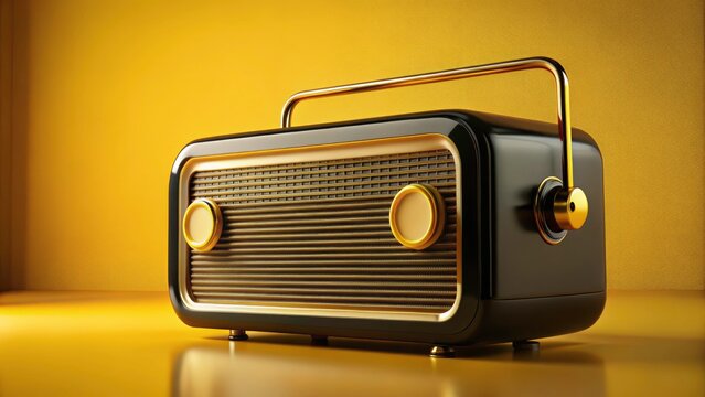 Retro Radio 3D Model, Black Yellow Vintage Radio Design, Classic Radio Illustration, Stylish 3D Render