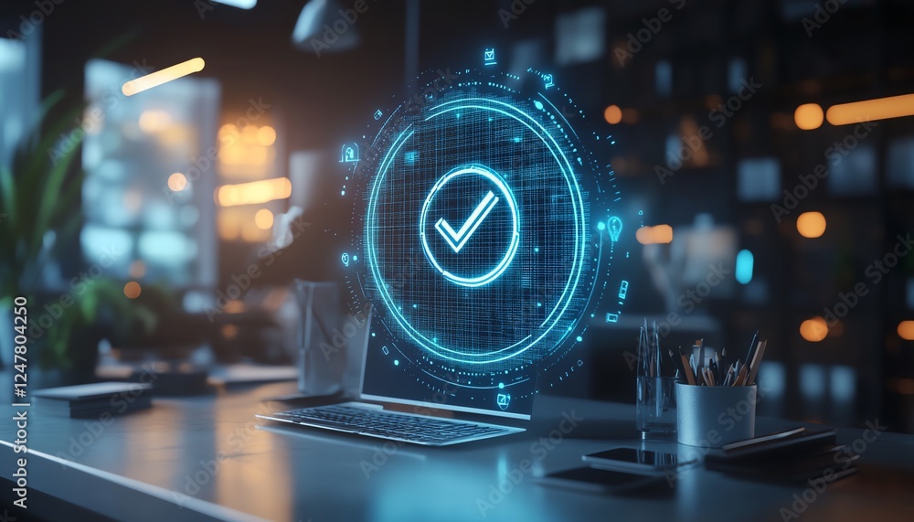 Poster futuristic digital checkmark hologram with glowing icons on blurred desk background, technology conc