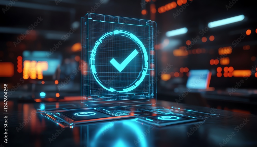 Poster futuristic digital checkmark hologram with glowing icons on blurred desk background, technology conc
