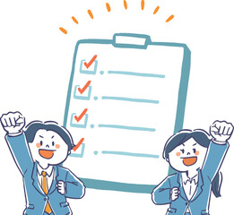 スーツを着た男女とチェックポイントの明るいイラスト