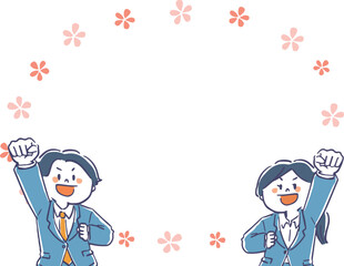 桜の花とスーツを着た男女の明るいフレームイラスト