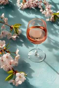 Rose wine glass with cherry blossom branches on turquoise background, Spring celebration setup. Wedding, Mother's Day, Easter brunch romantic decor. Sakura flower and drink concept with copy space