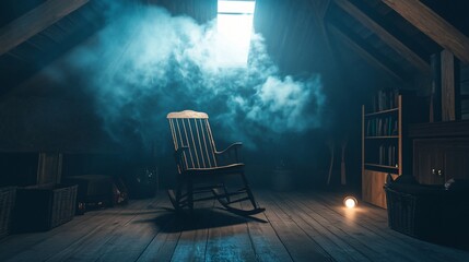 Mysterious Attic Scene with Vintage Rocking Chair and Eerie Smoke Effects