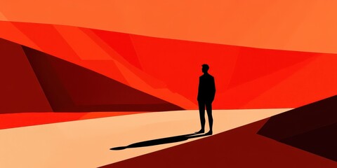 Silhouette Man Contemplates Abstract Red Landscape