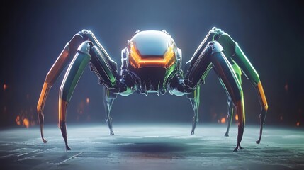 Futuristic robotic spider with glowing details, posed on a dark surface.