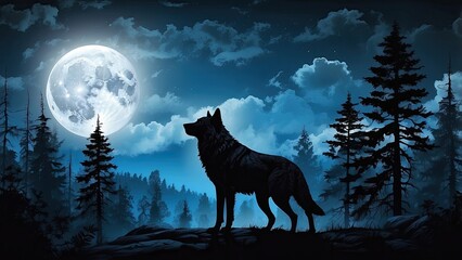 **Majestic Wolf Howling at the Full Moon – Nighttime Wilderness Vector Illustration**