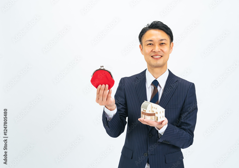 Poster 住宅、コスト、ローン、貯金、費用、不動産、投資、資産運用、ビジネスマン、ビジネスパーソン、見積もり、経費、営業、男性、日本人、ビジネス、販売、財布、出費、新築、分譲、一戸建て、リバースモーゲージ、リースバック、賃貸、業者、ミドル、ミドルエイジ、中年、スーツ、仕事、会社員、サラリーマン、マネー、お金、貯蓄、模型、住まい、金融、価格、値下げ、笑顔、物件、仲介、紹介、給料、収入、大家、管理会社、人物