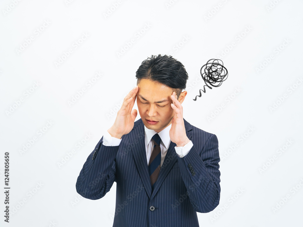 Leinwandbilder 落ち込む、困る、悩む、頭痛、ビジネスマン、ビジネスパーソン、ストレス、男性、日本人、トラブル、不安、心配、ショック、表情、がっかり、悩み、考える、疑問、問題、憂鬱、憂うつ、メンタルヘルス、ノイローゼ、フラストレーション、残念、緊張、プレッシャー、ミドル、ミドルエイジ、中年、30代、40代、おじさん、ビジネス、スーツ、仕事、会社員、サラリーマン、白バック、切り抜き、コピースペース、広告、偏頭痛、管理