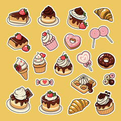 Cute Food Stickers Dessert Vector Kawaii Sweets Donut Cupcake Ice Cream Candy Sticker Sheet Clipart Illustration