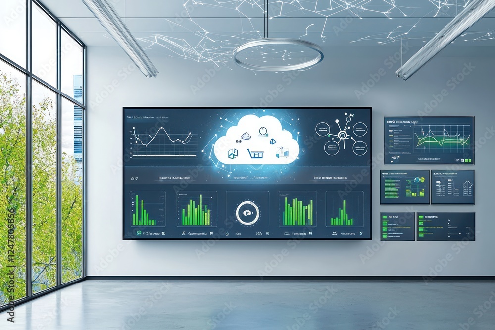 Poster futuristic dashboards in cloud center monitor carbon offsetting programs holographically.