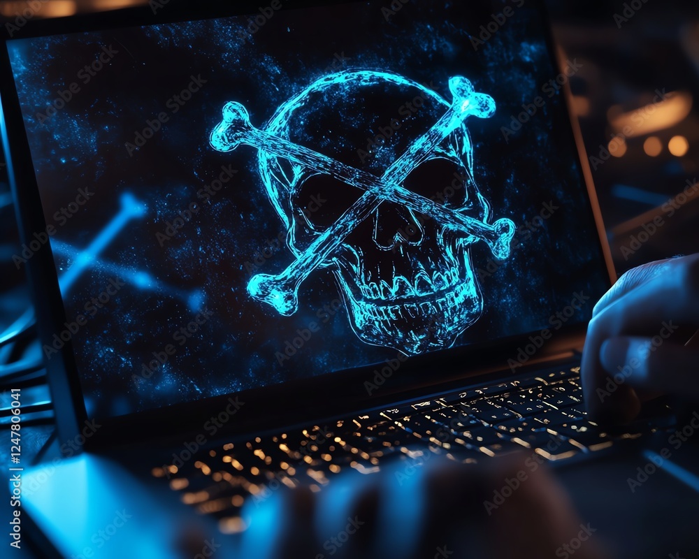 Poster laptop screen displaying glowing skull and crossbones, person holding device, dark cyber background,