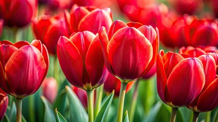 Fototapeta premium Stunning Red Tulips, Vibrant Spring Flowers, Rule of Thirds Photography, Close-up Macro Shot, Red Tulip Bloom, Dutch Tulips