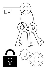 Set of three keys on a ring, padlock, and two gears. Ideal for security, access control, privacy, data protection, engineering mechanics and problem-solving. Line metaphor