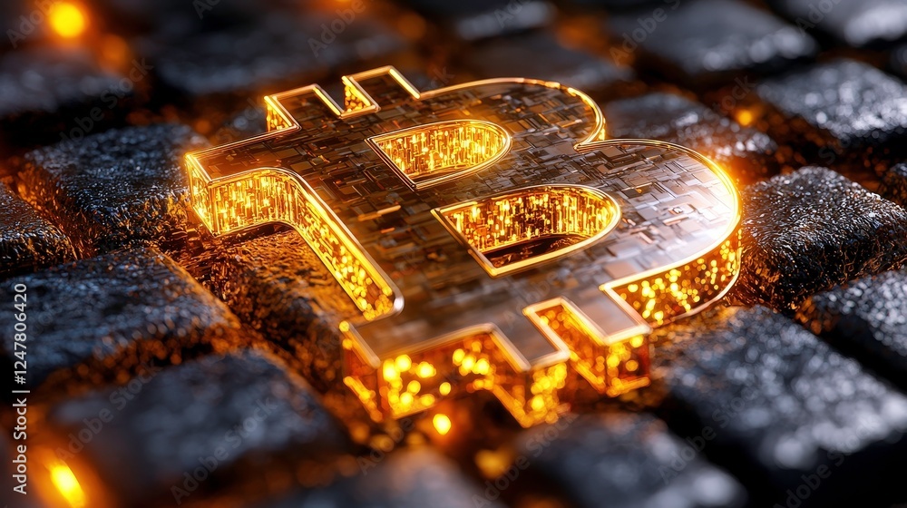 Poster Illuminated bitcoin symbol on digital background cryptocurrency market 3d render tech environment close-up view financial concept