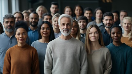 A large, diverse group of individuals stands closely together in a contemporary indoor environment. Their expressions convey a sense of community and togetherness