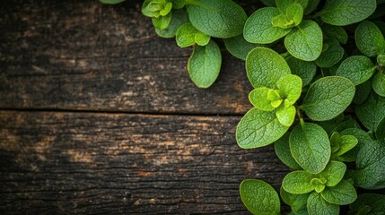 Fresh oregano sprigs on rustic wood; culinary background