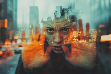 Emotionally Distressed Person Behind Glass in Urban Environment with City Reflection