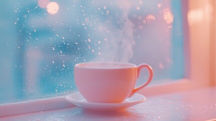 Rainy day, steaming tea by window, city lights