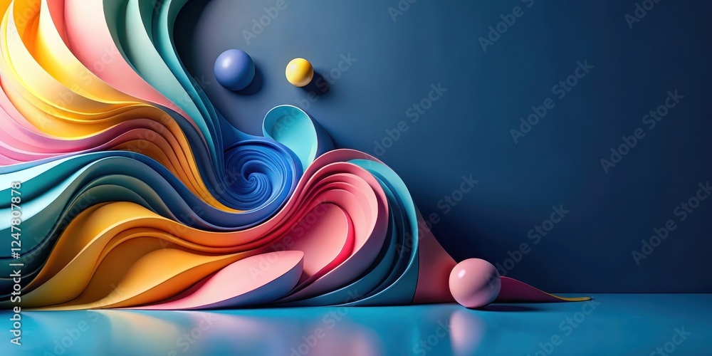 Sticker abstract colorful swirling forms with smooth spheres on a deep blue background