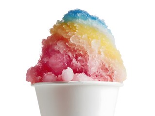 Colorful Shaved Ice Snowcone in Angled Paper Cup Suspended on White Background