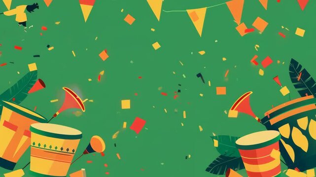 Festive carnival drums and flags pattern on green background with copy space. Latin festival decoration for Cinco de Mayo, Brazil carnival, Mexican fiesta celebration. Party design template