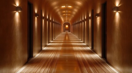 Fototapeta premium Long hotel corridor, warm lighting, elegant interior, background light, hospitality industry