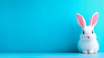 Obraz premium Adorable White Bunny with Pink Ears Against a Blue Backdrop