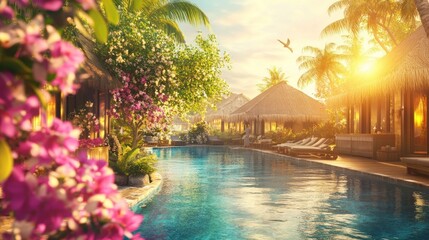 Obraz premium Tropical Resort Pool Sunrise Scene, relaxing getaway