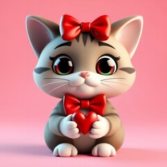 A 3D-rendered cute cat character with a red bow tie, holding a tiny heart in its paws, big expressive eyes, soft fur, charming lighting, flat pink background