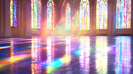 Soft Daylight Pouring Through Stained Glass Windows in a Hall
