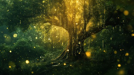 Magical Golden Tree, Forest, Fantasy, Light, Nature, Background, Design