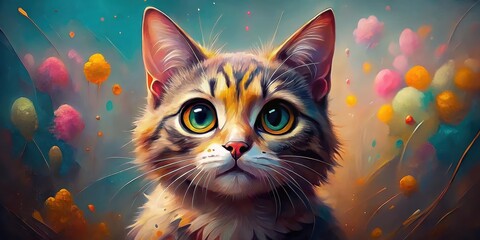 A captivating portrait of a young feline amidst a vibrant explosion of colorful abstract floral elements.