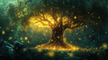 Naklejka premium Glowing tree in enchanted forest, fantasy art, game background