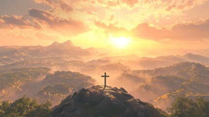 Simple Wooden Cross on Rock Against Majestic Sunrise Landscape