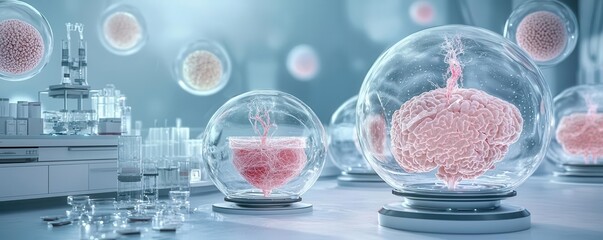 Futuristic lab with glass spheres containing biological samples.