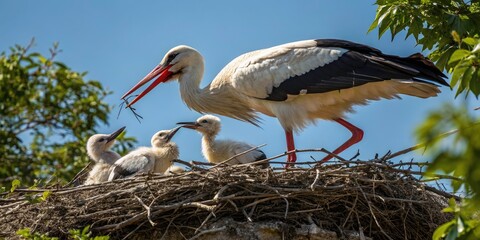 White Stork Feeding Young, Summer Wildlife Candid Photo, Bird Nesting, Stork Chicks, Nature Photography