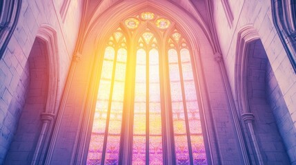 Fototapeta premium Heavily Arched Cathedral Window Bathed in Colorful Light