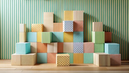 Pastel-colored wooden blocks arranged in a visually appealing and creative composition against a striped backdrop, offering a charming and aesthetically pleasing image for various applications.