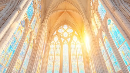 Fototapeta premium Heavily Arched Cathedral Window Illuminated by Soft Light