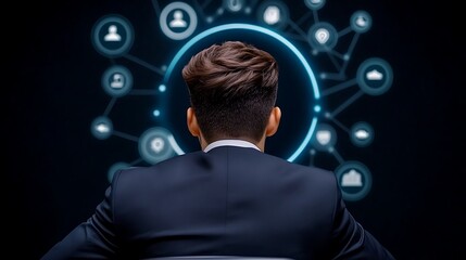 Business professional analyzing digital connections and data visualization in a modern office setting