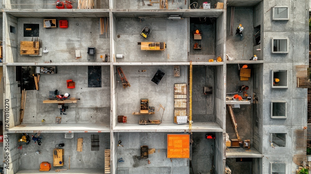 Poster construction site aerial view showing concrete framework and building progress