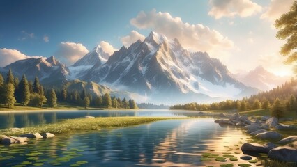 Golden Mountain Landscape with a Moonlit River and Trees in 3D Paper Art Style