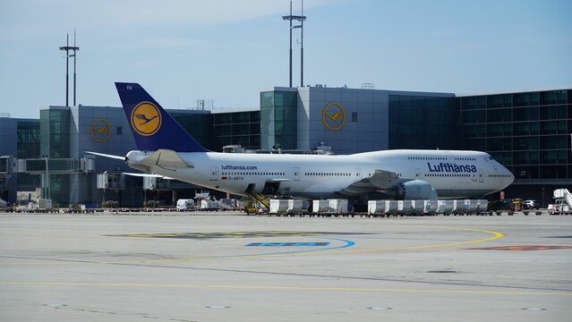 "Lufthansa" Boeing 747-830 aircraft at the gate of Terminal 1 at Frankfurt Airport (FRA,EDDF)