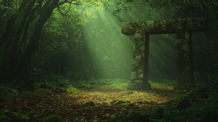 Obraz premium Serene Solitary Clearing in a Dark Forest Surrounded by Sunlight