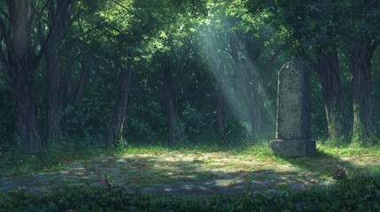 Fototapeta premium Solitary Stone in a Dark Forest Clearing with Sunlight Beams