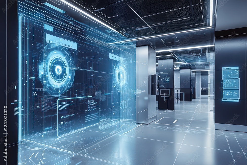 Poster high-risk area monitoring enhanced by video analytics holograms in clean security hub.