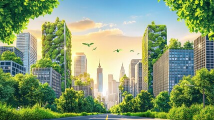 Fototapeta premium Sustainable Urban Development with Lush Green Buildings and Blue Sky